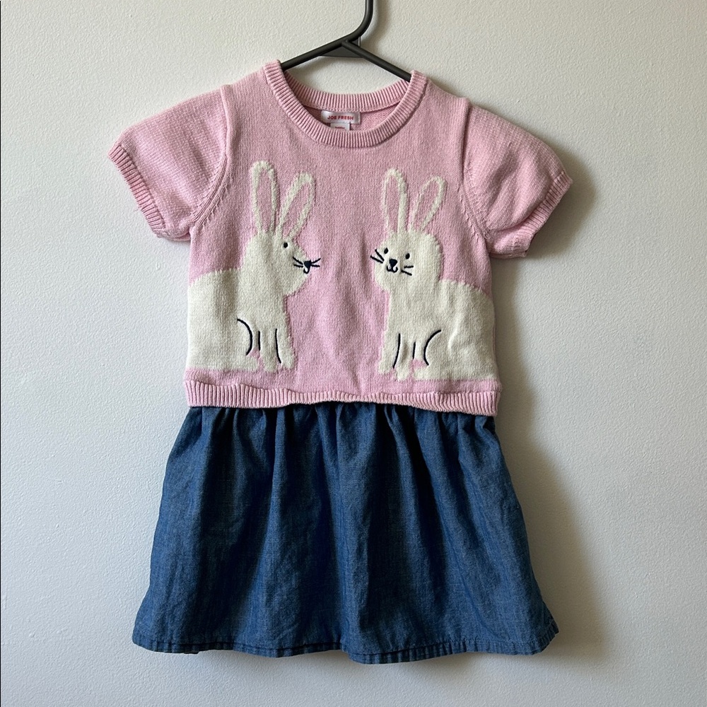 Pink Bunny Knit Top with Denim Skirt Dress